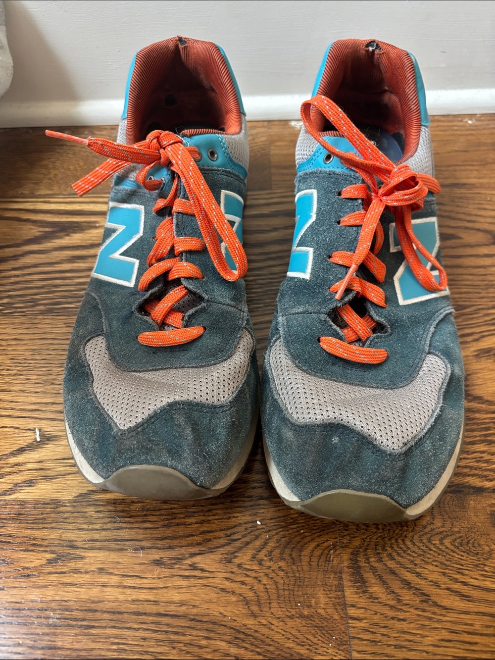New Balance Gray and Teal Sneakers with Orange Laces